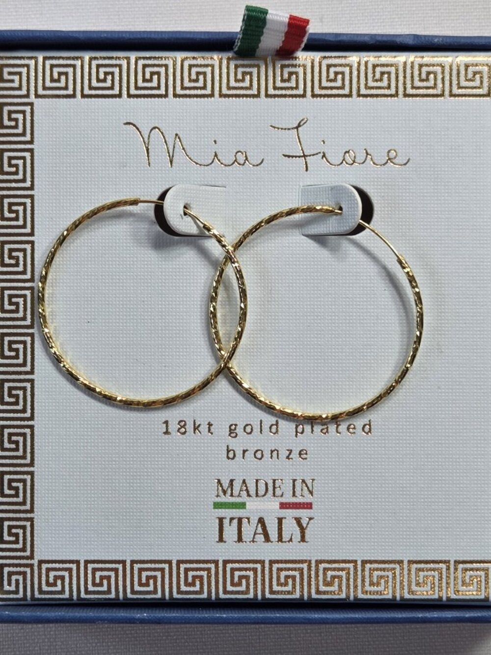NIB Mia Fiore 18kt Gold Plated Bronze Diamond Cut Hoop Earrings Made In Italy